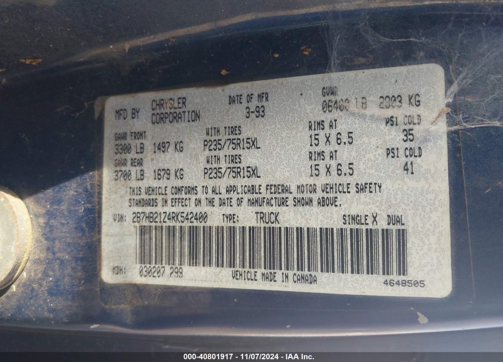 1994 DODGE RAM VAN B250 VIN: 2B7HB21Z4RK542400