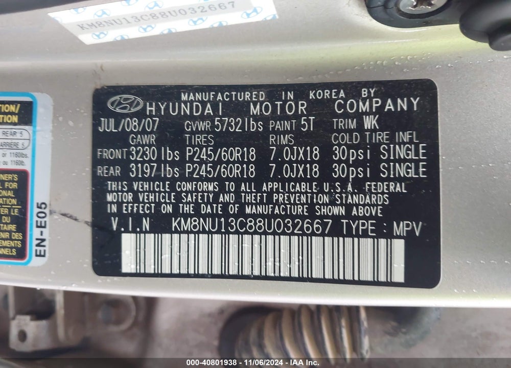 2008 HYUNDAI VERACRUZ GLS/LIMITED/SE VIN: KM8NU13C88U032667