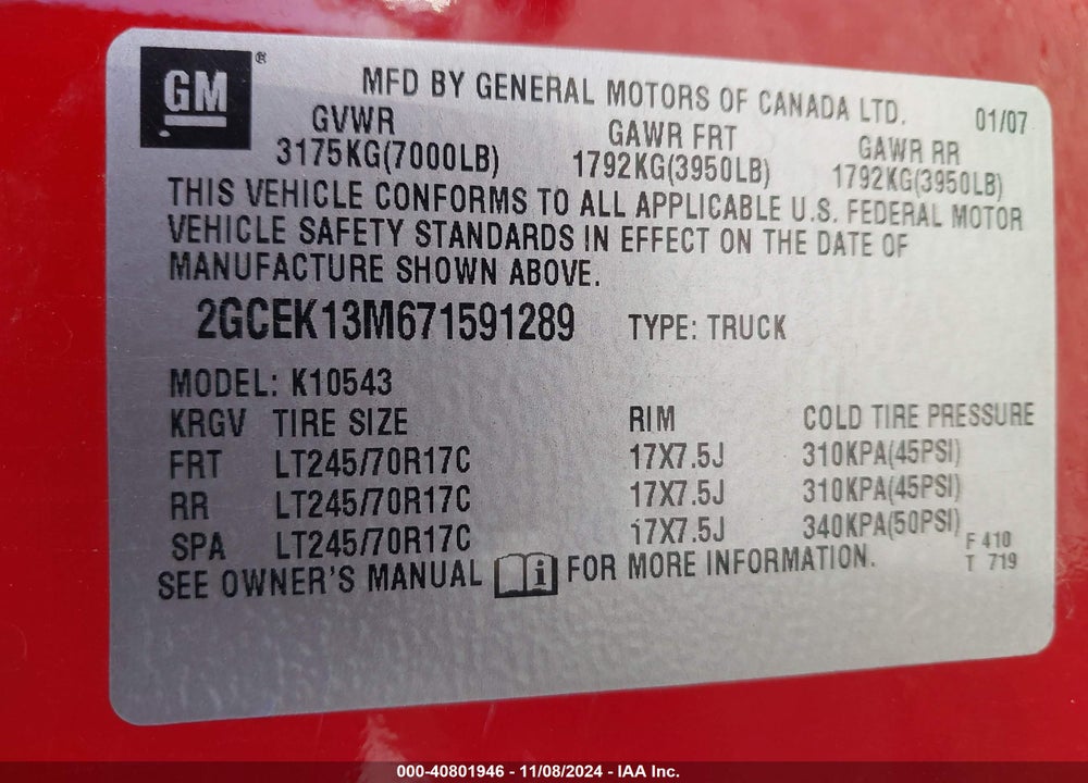 2007 CHEVROLET SILVERADO 1500 LTZ VIN: 2GCEK13M671591289