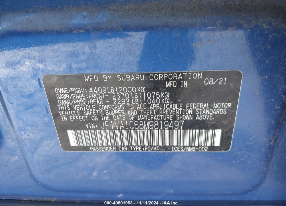 2021 SUBARU WRX PREMIUM VIN: JF1VA1C68M9819497