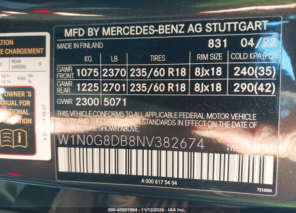 2022 MERCEDES-BENZ GLC 300 SUV VIN: W1N0G8DB8NV382674