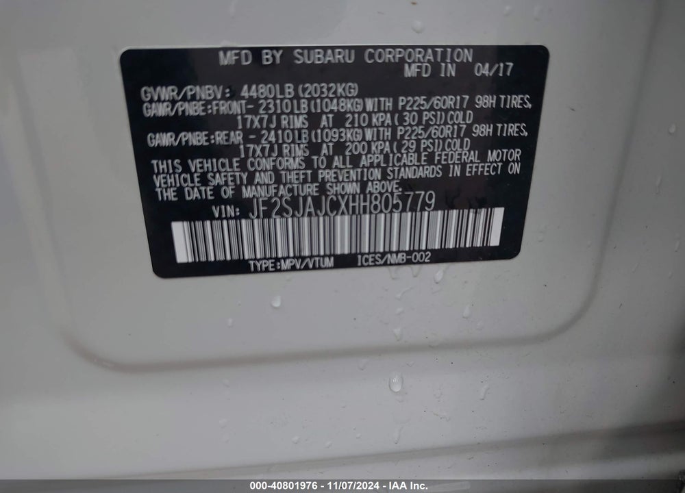 2017 SUBARU FORESTER 2.5I LIMITED VIN: JF2SJAJCXHH805779