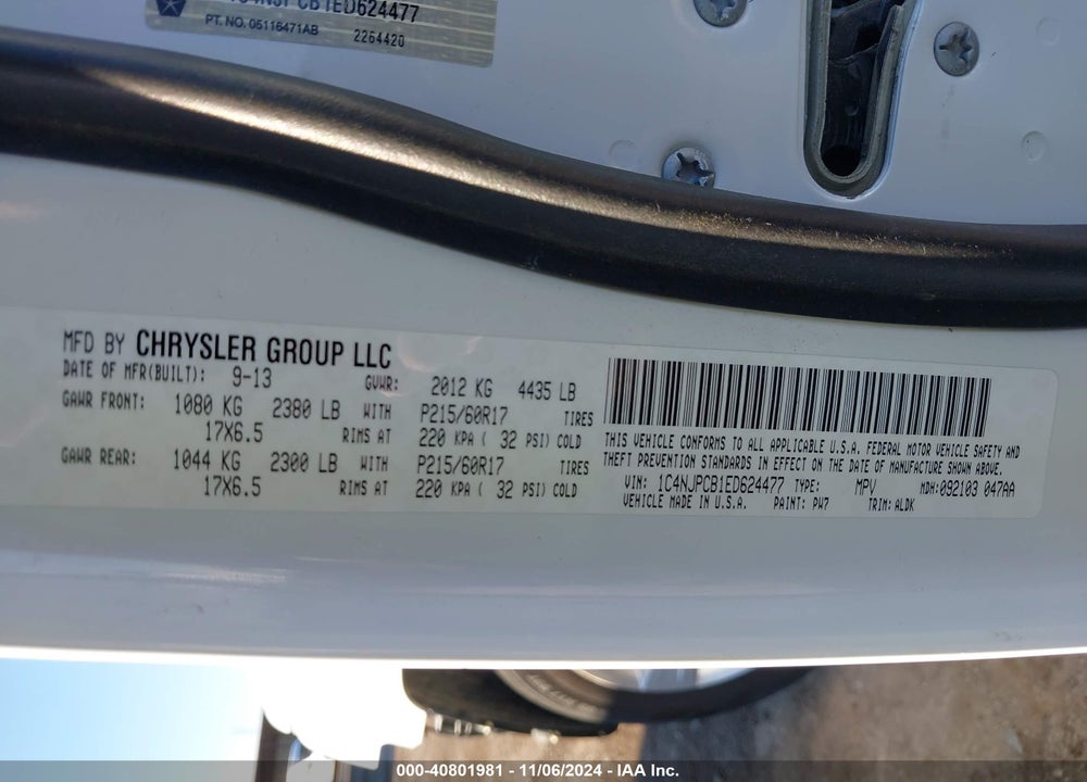 2014 JEEP PATRIOT LIMITED VIN: 1C4NJPCB1ED624477