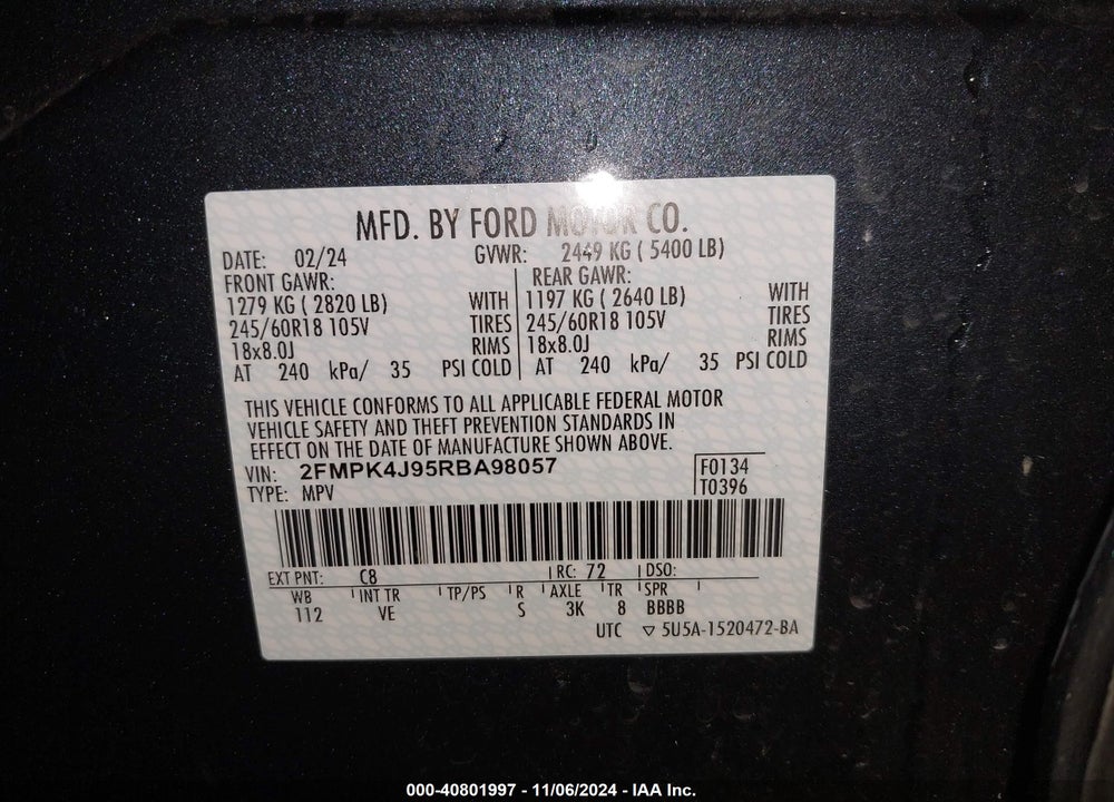 2024 FORD EDGE SEL VIN: 2FMPK4J95RBA98057