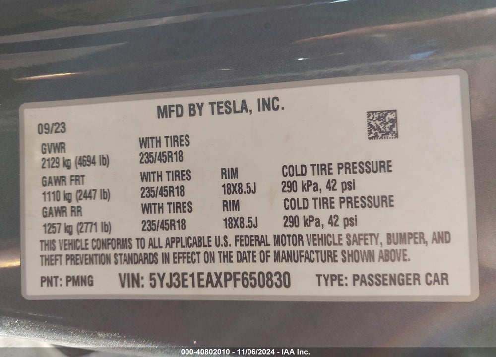2023 TESLA MODEL 3 REAR-WHEEL DRIVE VIN: 5YJ3E1EAXPF650830