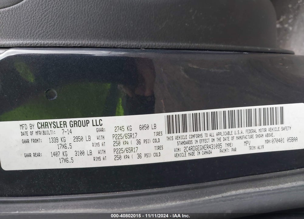 2014 DODGE GRAND CARAVAN R/T VIN: 2C4RDGEGXER431095