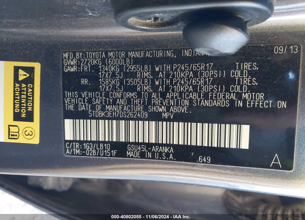 2013 TOYOTA HIGHLANDER PLUS/SE VIN: 5TDBK3EH7DS262409