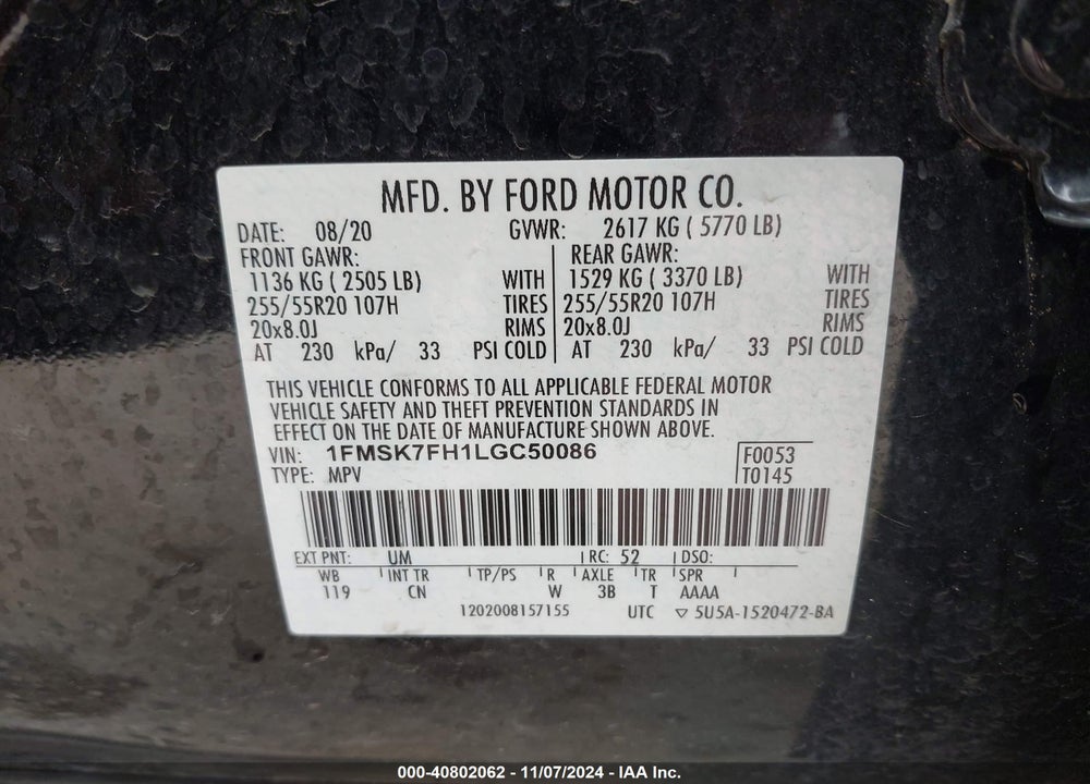2020 FORD EXPLORER LIMITED VIN: 1FMSK7FH1LGC50086