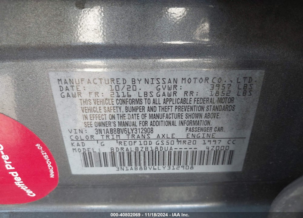 2020 NISSAN SENTRA S XTRONIC CVT VIN: 3N1AB8BV6LY312908