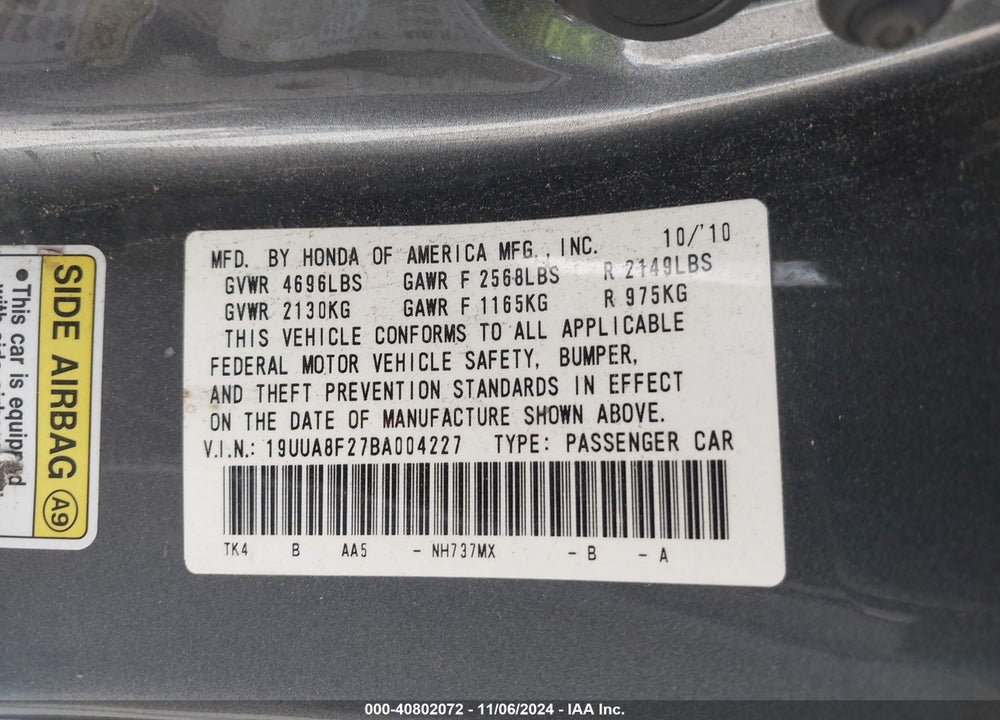 2011 ACURA TL 3.5 VIN: 19UUA8F27BA004227