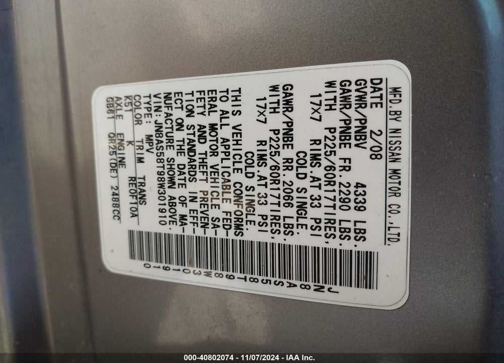 2008 NISSAN ROGUE SL VIN: JN8AS58T98W301910