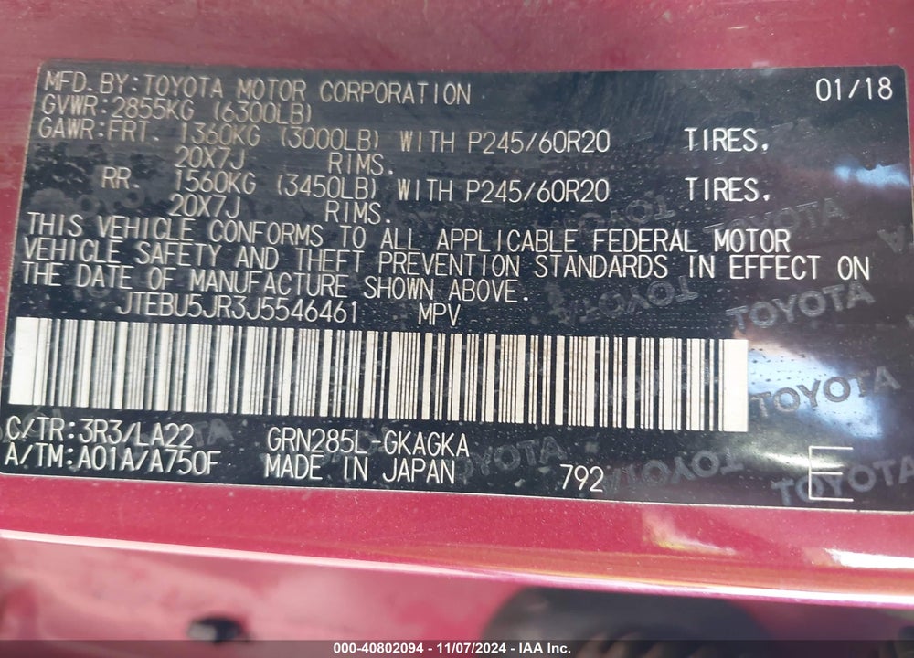 2018 TOYOTA 4RUNNER LIMITED VIN: JTEBU5JR3J5546461