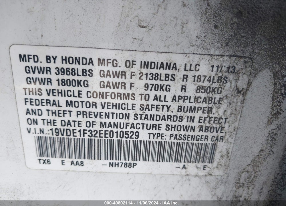 2014 ACURA ILX 2.0L VIN: 19VDE1F32EE010529