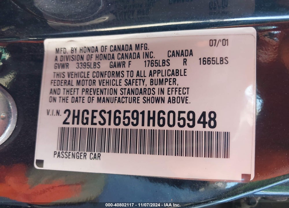 2001 HONDA CIVIC LX VIN: 2HGES16591H605948
