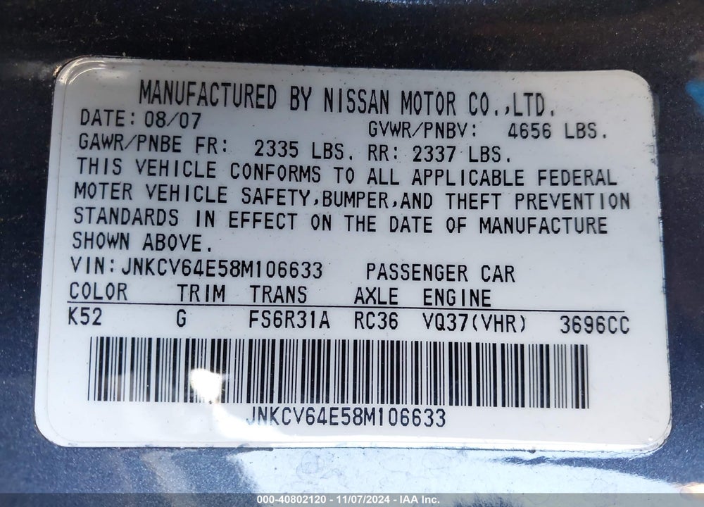 2008 INFINITI G37 SPORT VIN: JNKCV64E58M106633