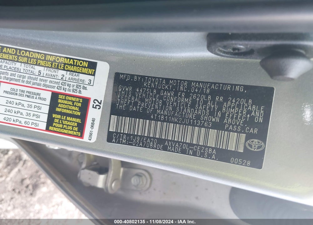 2018 TOYOTA CAMRY SE VIN: 4T1B11HK2JU113763