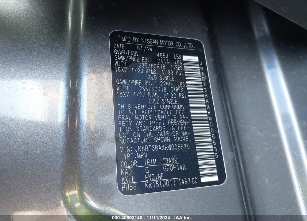 2024 NISSAN ROGUE SV FWD VIN: JN8BT3BAXRW005535