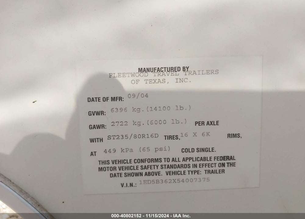 2005 WILDWOOD OTHER VIN: 1ED5B362X54007375