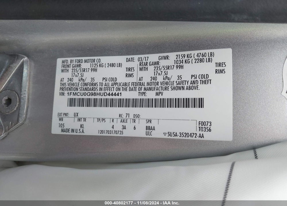 2017 FORD ESCAPE SE VIN: 1FMCU0G98HUD44441