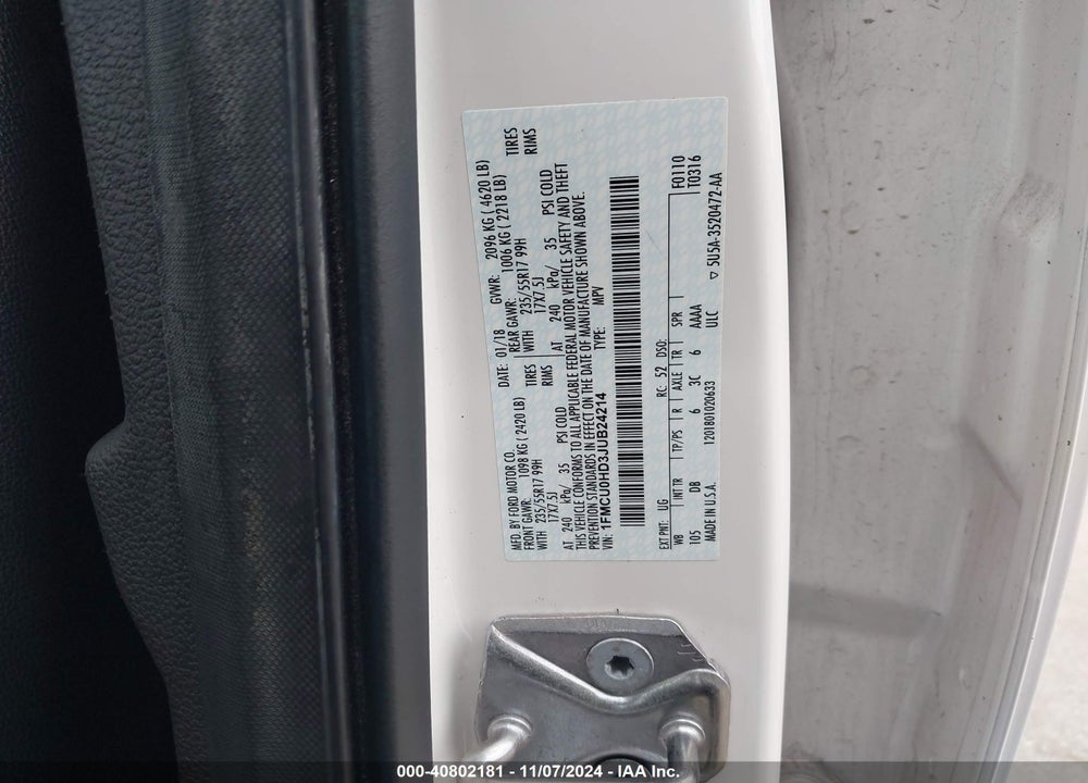 2018 FORD ESCAPE SEL VIN: 1FMCU0HD3JUB24214