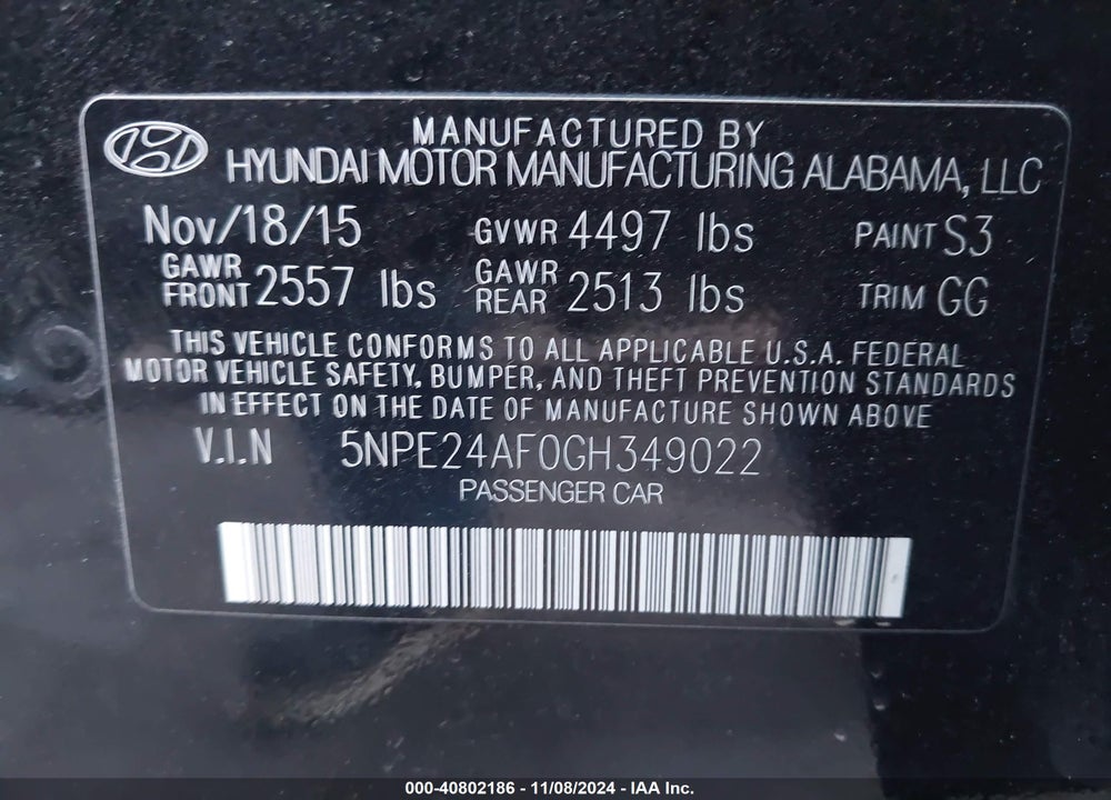 2016 HYUNDAI SONATA SE VIN: 5NPE24AF0GH349022