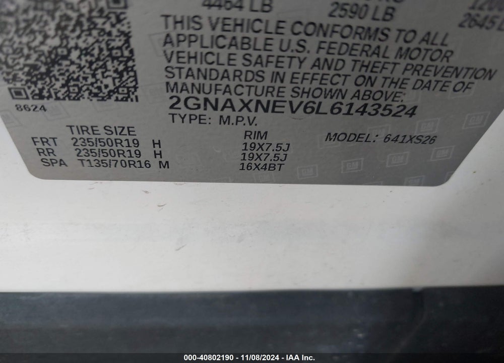 2020 CHEVROLET EQUINOX FWD PREMIER 1.5L TURBO VIN: 2GNAXNEV6L6143524