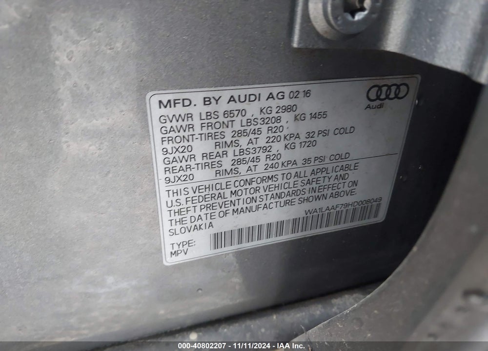 2017 AUDI Q7 VIN: WA1LAAF79HD008049