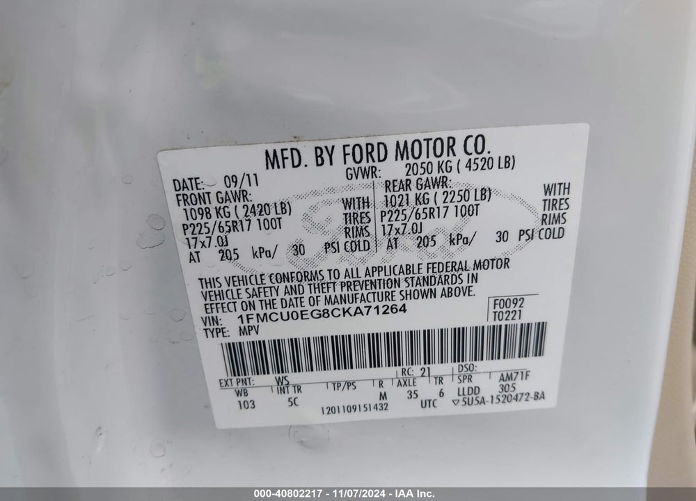 2012 FORD ESCAPE LIMITED VIN: 1FMCU0EG8CKA71264