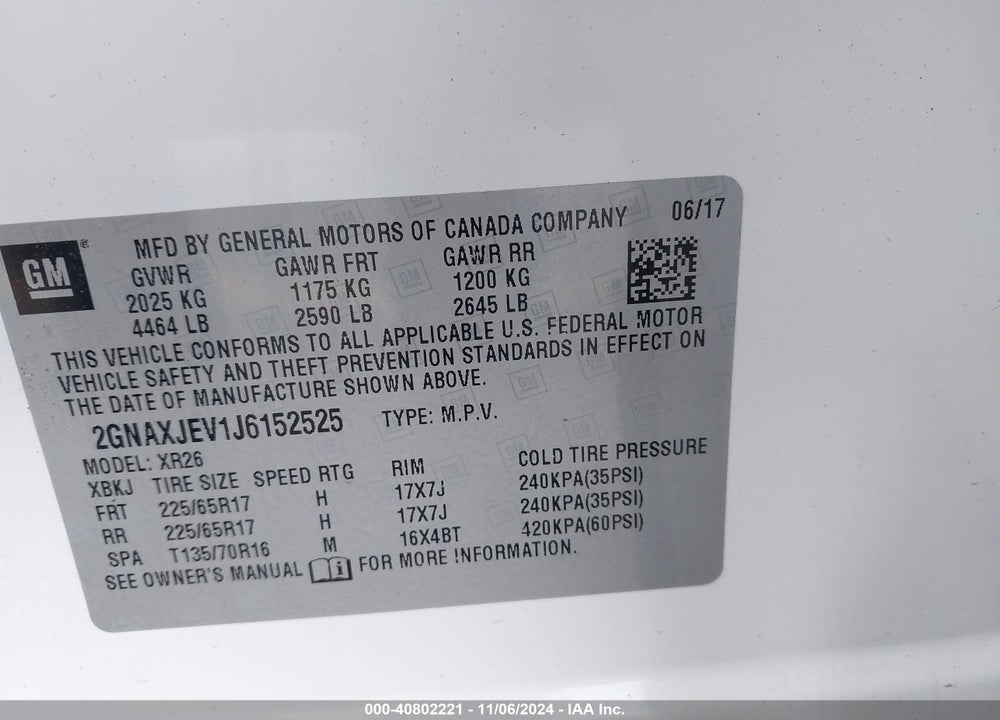 2018 CHEVROLET EQUINOX LT VIN: 2GNAXJEV1J6152525