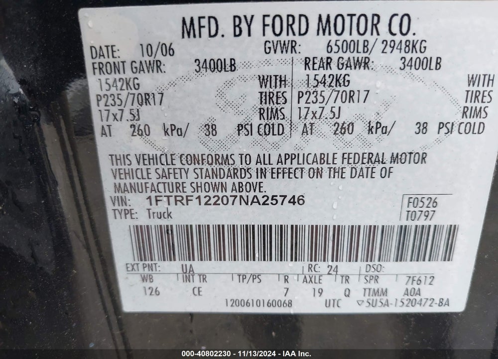 2007 FORD F-150 STX/XL/XLT VIN: 1FTRF12207NA25746