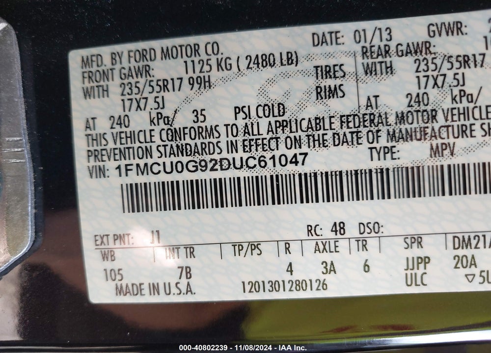 2013 FORD ESCAPE SE VIN: 1FMCU0G92DUC61047