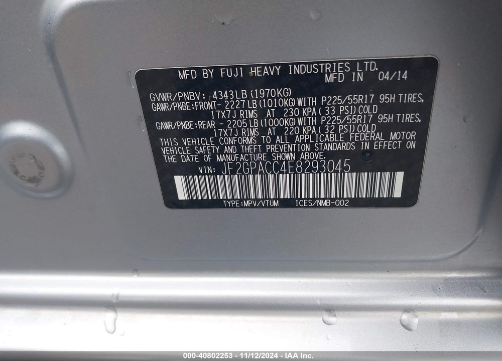 2014 SUBARU XV CROSSTREK 2.0I PREMIUM VIN: JF2GPACC4E8293045