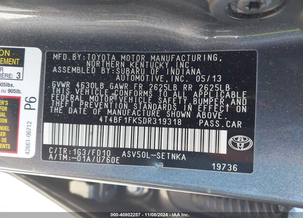 2013 TOYOTA CAMRY LE VIN: 4T4BF1FK5DR319318