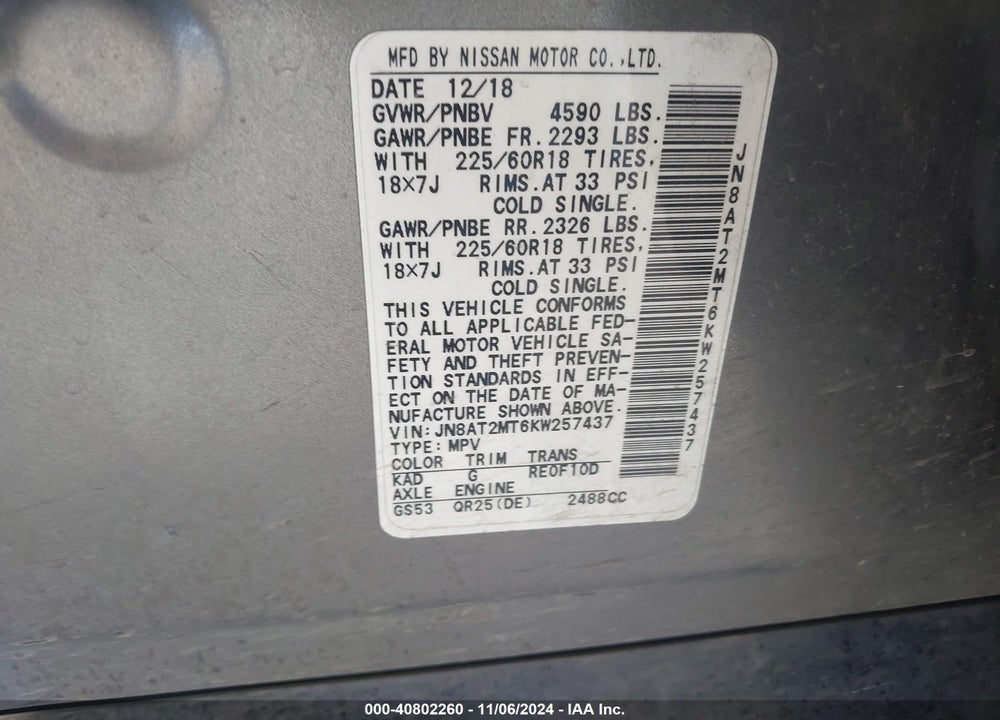 2019 NISSAN ROGUE SV VIN: JN8AT2MT6KW257437