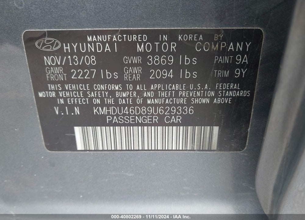 2009 HYUNDAI ELANTRA SE VIN: KMHDU46D89U629336