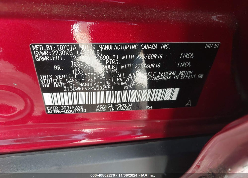 2019 TOYOTA RAV4 HYBRID LIMITED VIN: 2T3DWRFV2KW032583