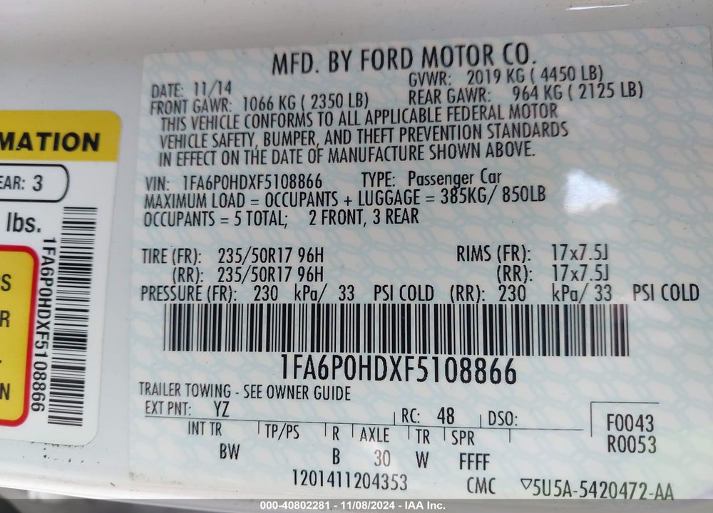 2015 FORD FUSION SE VIN: 1FA6P0HDXF5108866