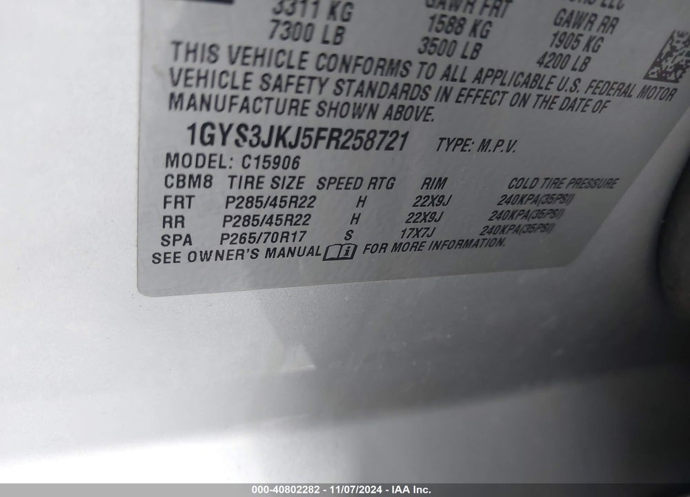 2015 CADILLAC ESCALADE ESV PREMIUM VIN: 1GYS3JKJ5FR258721