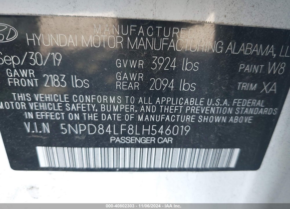 2020 HYUNDAI ELANTRA SEL VIN: 5NPD84LF8LH546019