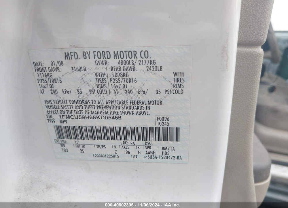 2008 FORD ESCAPE HYBRID VIN: 1FMCU59H68KD05456