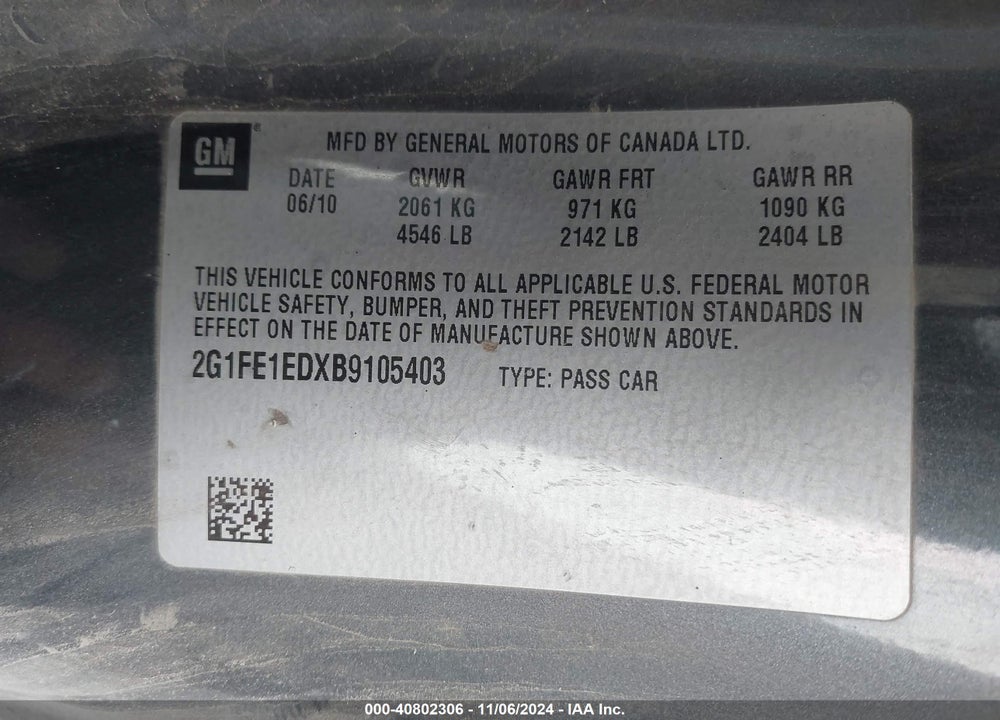 2011 CHEVROLET CAMARO VIN: 2G1FE1EDXB9105403