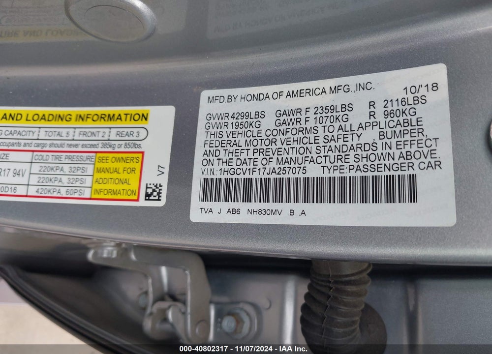 2018 HONDA ACCORD LX VIN: 1HGCV1F17JA257075