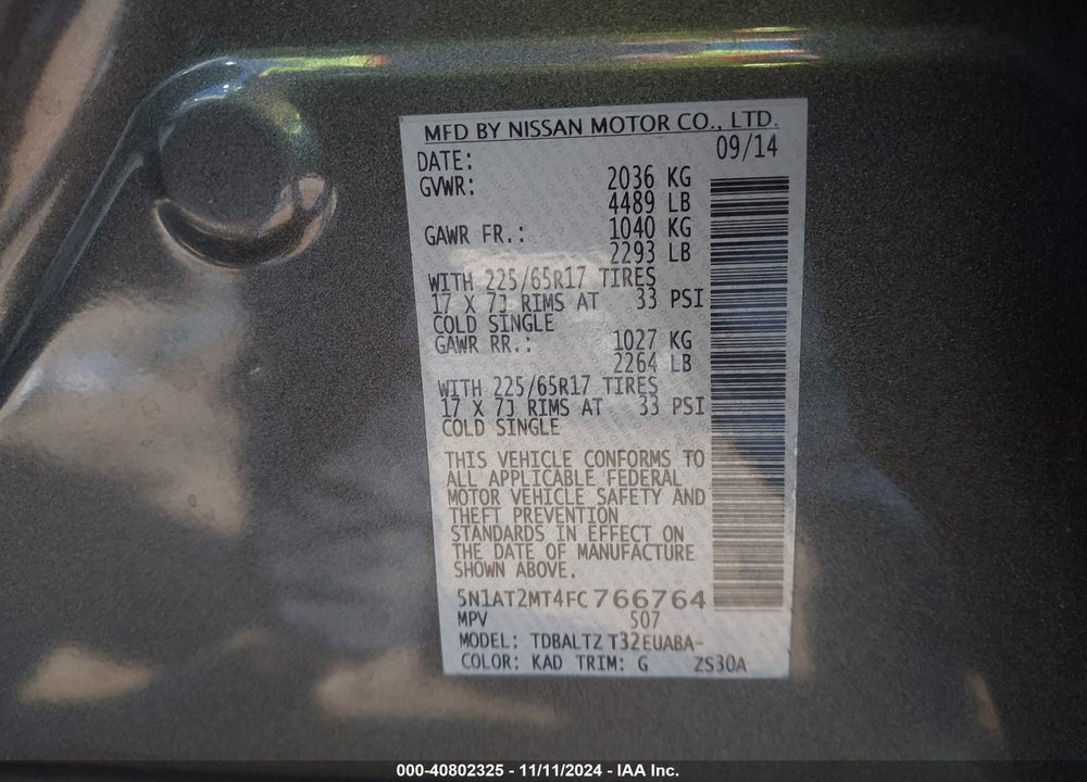 2015 NISSAN ROGUE SV VIN: 5N1AT2MT4FC766764