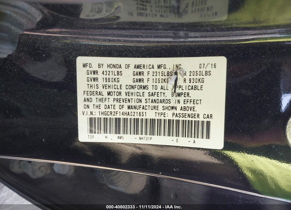 2017 HONDA ACCORD SPORT SE VIN: 1HGCR2F14HA021651