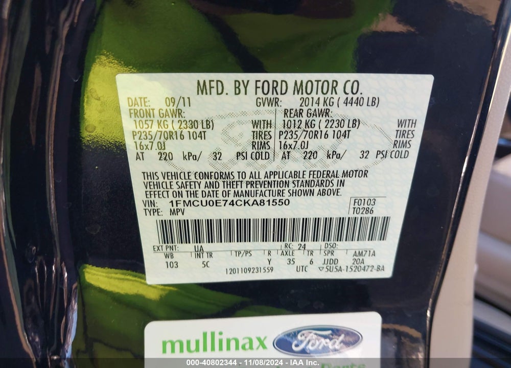 2012 FORD ESCAPE LIMITED VIN: 1FMCU0E74CKA81550