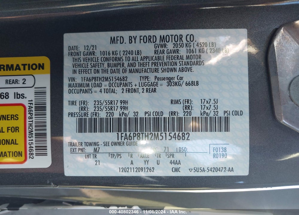 2021 FORD MUSTANG ECOBOOST VIN: 1FA6P8TH2M5154682