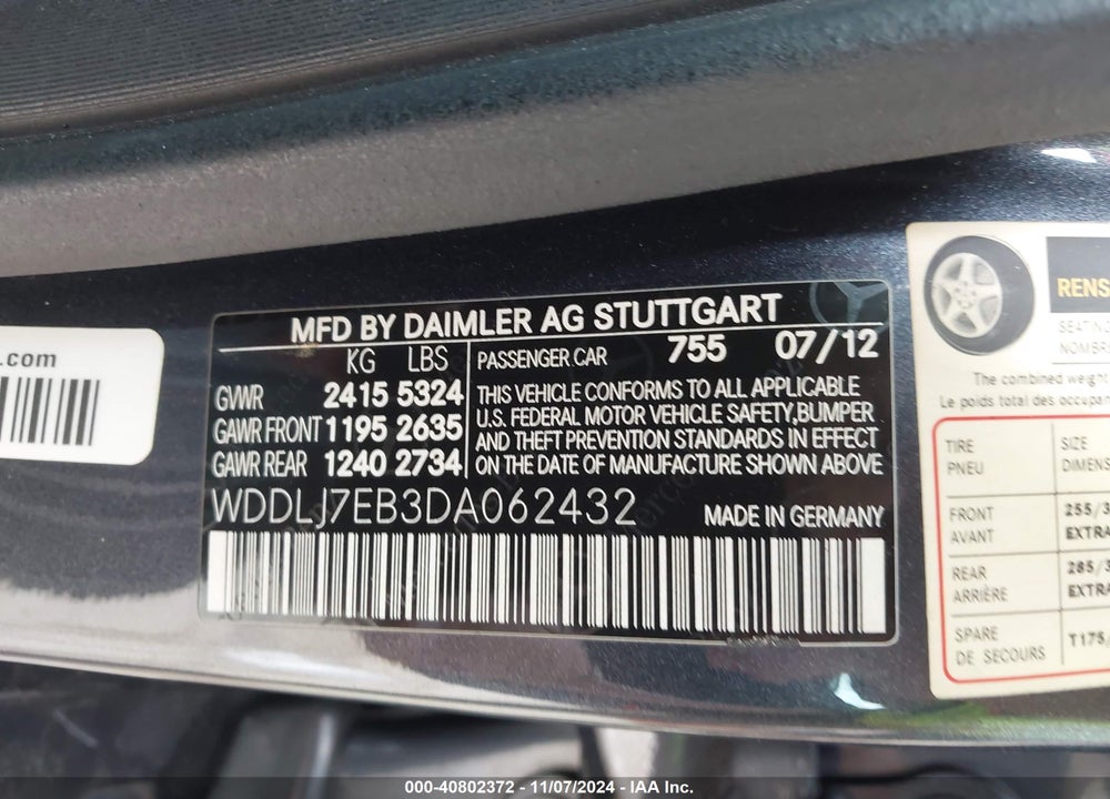 2013 MERCEDES-BENZ CLS 63 AMG VIN: WDDLJ7EB3DA062432