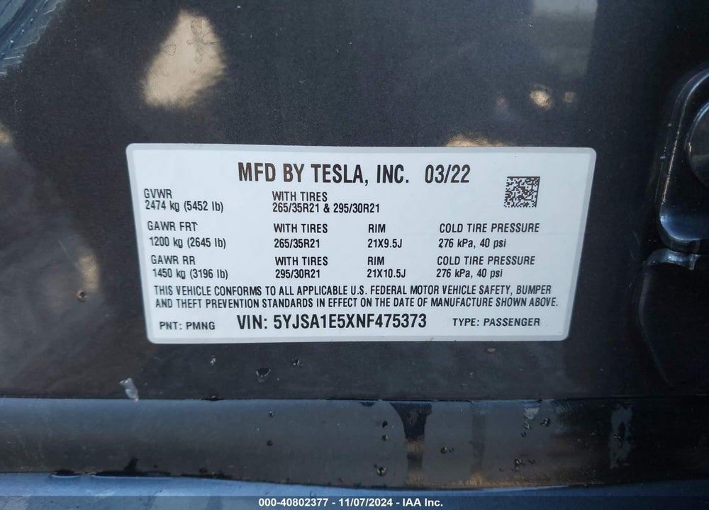 2022 TESLA MODEL S DUAL MOTOR ALL-WHEEL DRIVE VIN: 5YJSA1E5XNF475373