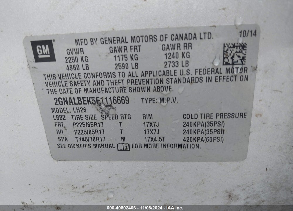2015 CHEVROLET EQUINOX 1LT VIN: 2GNALBEK5F1116669