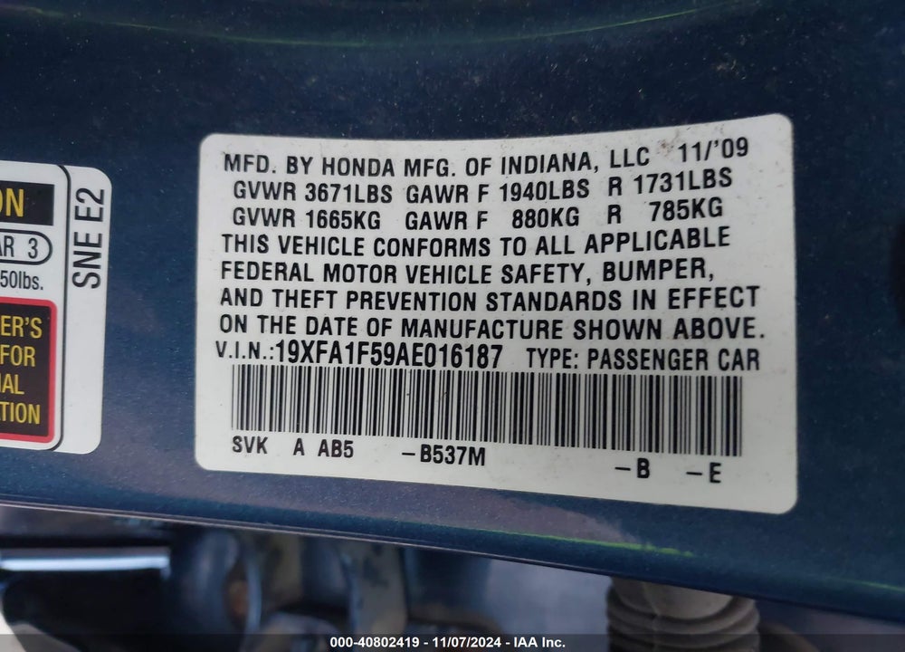 2010 HONDA CIVIC LX VIN: 19XFA1F59AE016187